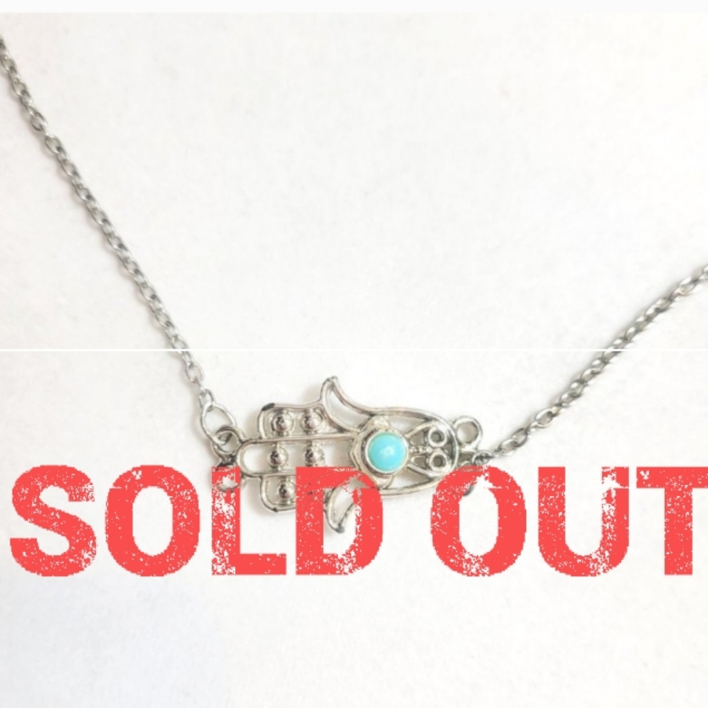 Sideways Silver Hasma Hand Turquoise Circle Center Necklace